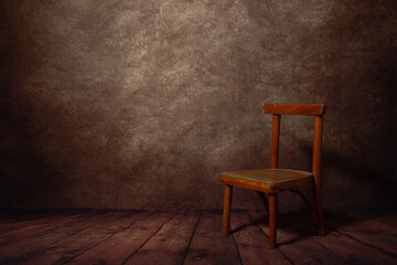 Wooden stool on the wooden floor. There is a place for an inscription or logo. Empty room. Wood...