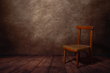 Wooden stool on the wooden floor. There is a place for an inscription or logo. Empty room. Wood...