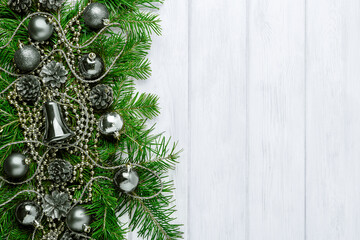 Vintage christmas background with silver ornaments, copy space