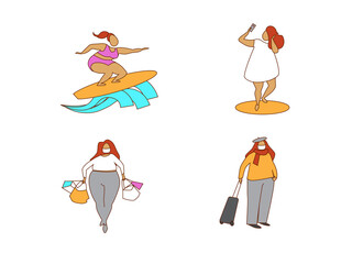 A set of four icons - a woman surfing takes a selfie goes shopping in a mask goes on a trip travels