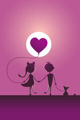 Silhouettes of a boy and a girl walking in the moonlight.