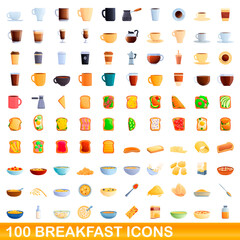 100 breakfast icons set. Cartoon illustration of 100 breakfast icons vector set isolated on white background