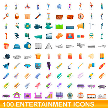 100 entertainment icons set. Cartoon illustration of 100 entertainment icons vector set isolated on white background