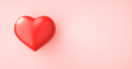 Red love heart on pink paper background with copy space. 3d render