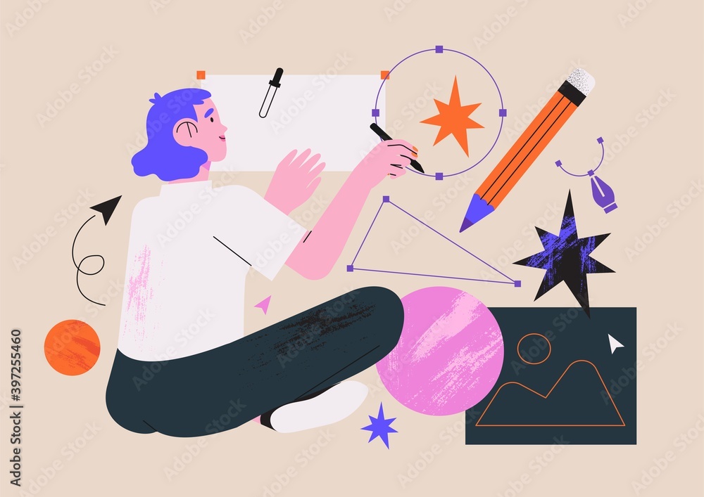 Fototapete moman illustrator working in software drawing abstract shapes with stylus pen. designer character fr