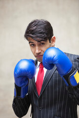 Portrait of an Indian businessman wearing blue boxing gloves against gray background