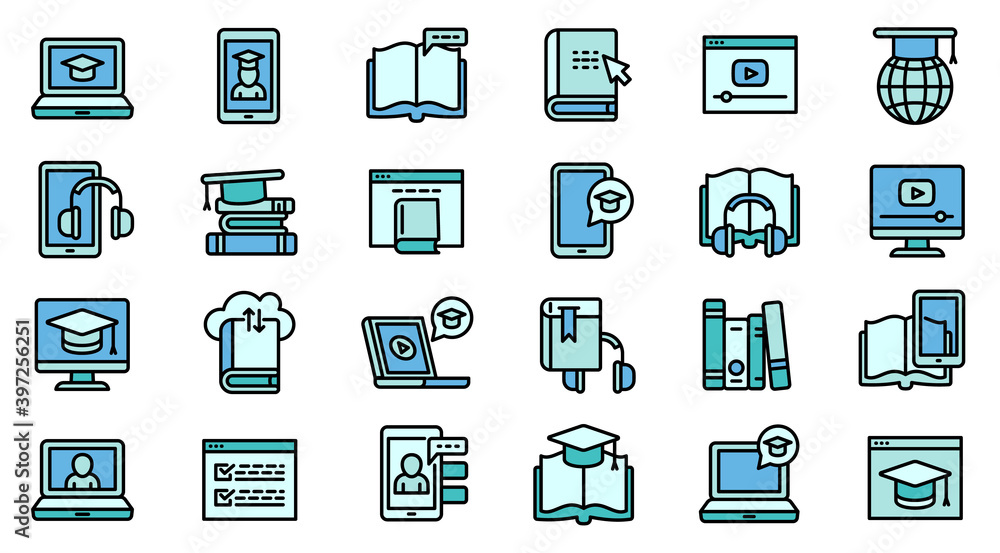Poster interactive learning icons set. outline set of interactive learning vector icons for web design isol