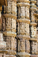 Sculptures carved on the facade of Khajuraho Hindu temples, India	
