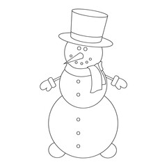 Cartoon snowman. Coloring book snowman. Snowman vector illustration on white background. Snowman with hands and top hat. New year, merry christmas. Vector illustration for print, gifts, wrapping paper
