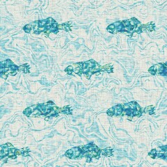 Teal blue fish weathered grunge nautical texture background. Summer coastal living farmhouse home decor tile. Rustic sea life fishes material. Worn turquoise dyed beach textile seamless pattern.