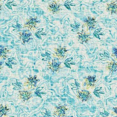 Teal blue floral weathered grunge texture background. Summer coastal farmhouse living home decor. Sun bleached rustic flower sea green material. Worn turquoise damask textile seamless pattern
