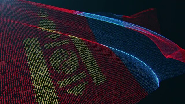 3d render. Mongolia digital flag with binary code texture flies in the wind. Seamless loop.