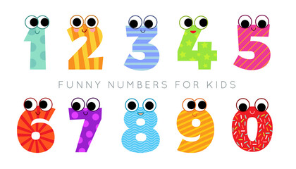 Colored funny vector cartoon numbers for kids. Set of 0-9 bright digit baby icons