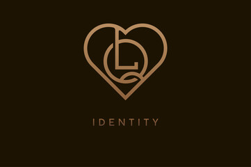 Abstract initials L and Q logo, gold colour line style heart and letter combination, usable for brand, card and invitation, logo design template element,vector illustration