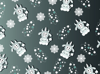 Christmas tree and snowflakes and bull on the white and grey gradient background