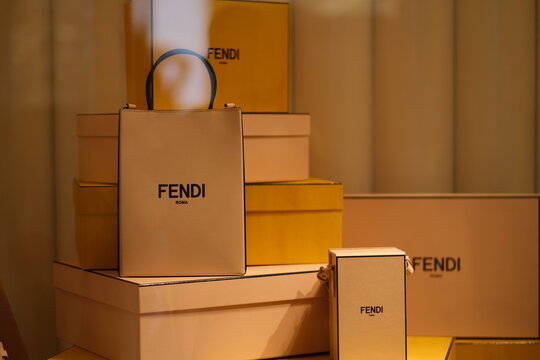 Shanghai,China-Dec.2020: FENDI Handbags In Window Display. A Italian Luxury Brand