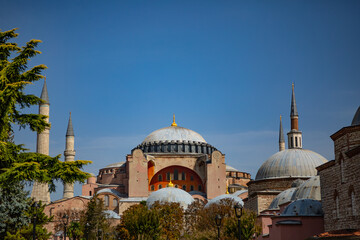 Fototapeta na wymiar Istanbul, Turkey - September 2020:.Hagia Sophia or Ayasofya is the former Greek Orthodox Christian patriarchal cathedral, later an Ottoman imperial mosque and museum and one of seven wonders.