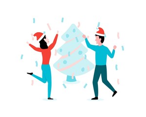 Man and woman celebrate New Year in xmas hats. Vector illustration