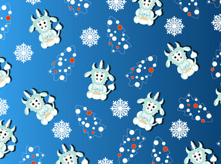 Christmas tree and snowflakes and bull on the blue gradient background