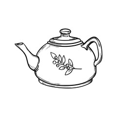Porcelain teapot, coffee pot with drawing isolated on white background. Hand-drawn vector illustration.