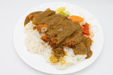 Japanese Pork Katsu Curry with Rice on a White Plate
