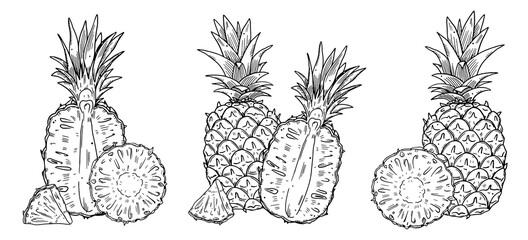 Three compositions of a whole Pineapple and halves of fruit. Black outline image on a white background. Doodle style.