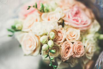 Beautiful wedding bouquet with different flowers, roses