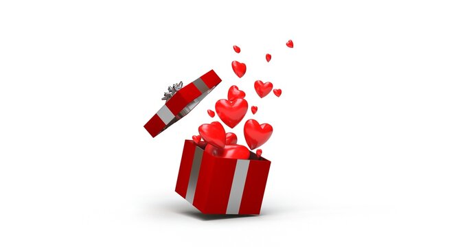Coeurs qui s'&eacute;chapent d'un cadeau ouvert, fond blanc