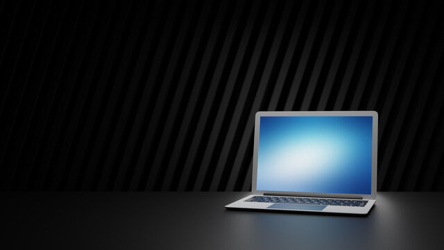 Silver laptop computer placed on black table and dark background. 3D illustration image.