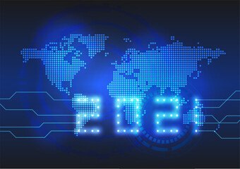 Happy New Year 2021 on Dotted World Map with Digital Technology