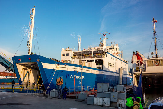 KERCH, CRIMEA - OCT. 2014: Port Krym. Kerchenskaya ferry crossing. Ferry "Olympiada"
