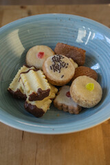 Group of delicious sweet Christmas cookies, white vanilla rolls, gingerbread, linzer and chocolate sweets wiht jam filling