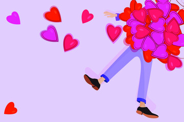 The guy lay under the hearts. Heap of greeting valentines on the person. Male feet