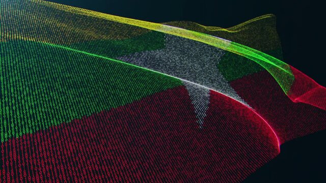 3d render. Myanmar digital flag with binary code texture flies in the wind. Seamless loop.