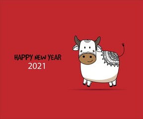 Happy new year 2021 funny sketch bull hand drawn. Bull, cow, ox vector template for your design, poster, invitation, card or etc.