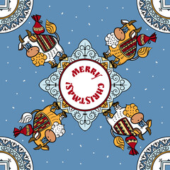 Merry Christmas card with calves, text, snowflakes and patterns