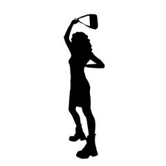 Female black silhouette of fashion trendy stylish curly hair woman in mini dress holding a purse