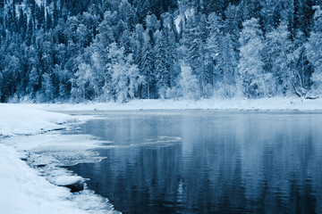 Icy shore of lake with snowy forest. Cold weather, frozen riverbed due to sharp cold snap
