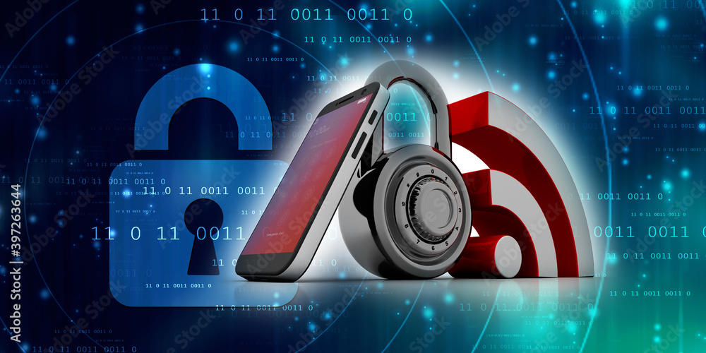 Poster 3d rendering transmitter mobile wifi protect lock