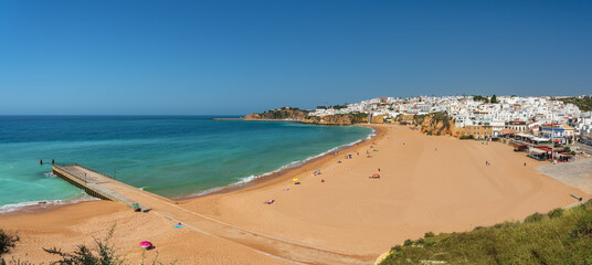 Aerial panorama of Albufeira, Algarve, Portugal. Beautiful view of the beach with the ocean.