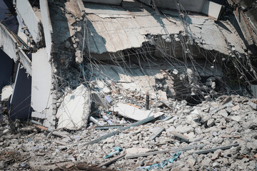 Debris and destroyed building that collapsed from the earthquake.