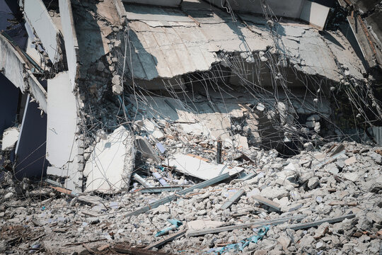 Debris And Destroyed Building That Collapsed From The Earthquake.