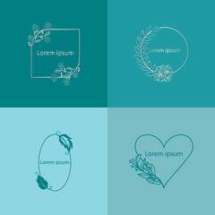 A set of four minimalistic backgrounds in monochrome shades. Delicate frames with floral ornament.