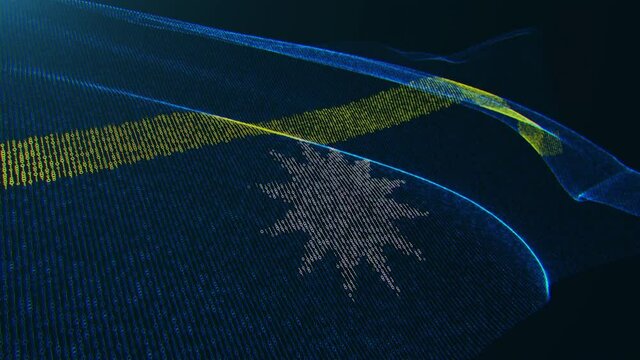 3d render. Nauru digital flag with binary code texture flies in the wind. Seamless loop.