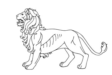 standing decorative lion with mane, for ornament, logo or emblem, heraldic symbol, vector illustration with black ink contour lines isolated on a white background in a hand drawn style