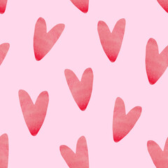 Seamless pink watercolor pattern pink hearts. For decoration of postcards, print, design works, souvenirs, design of fabrics and textiles, packaging design.