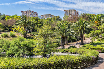 View of the beautiful public Paloma Park (Parque De La Paloma) in Benalmadena. Benalmadena - most popular holiday towns on the Costa Del Sol. Andalusia, Spain.