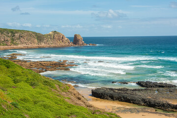 View of the pinnacles on Cape Woolamai Surf Beach and blue waters of the Bass Strait, Phillip...