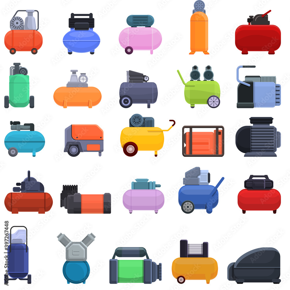 Poster compressor icons set. cartoon set of compressor vector icons for web design