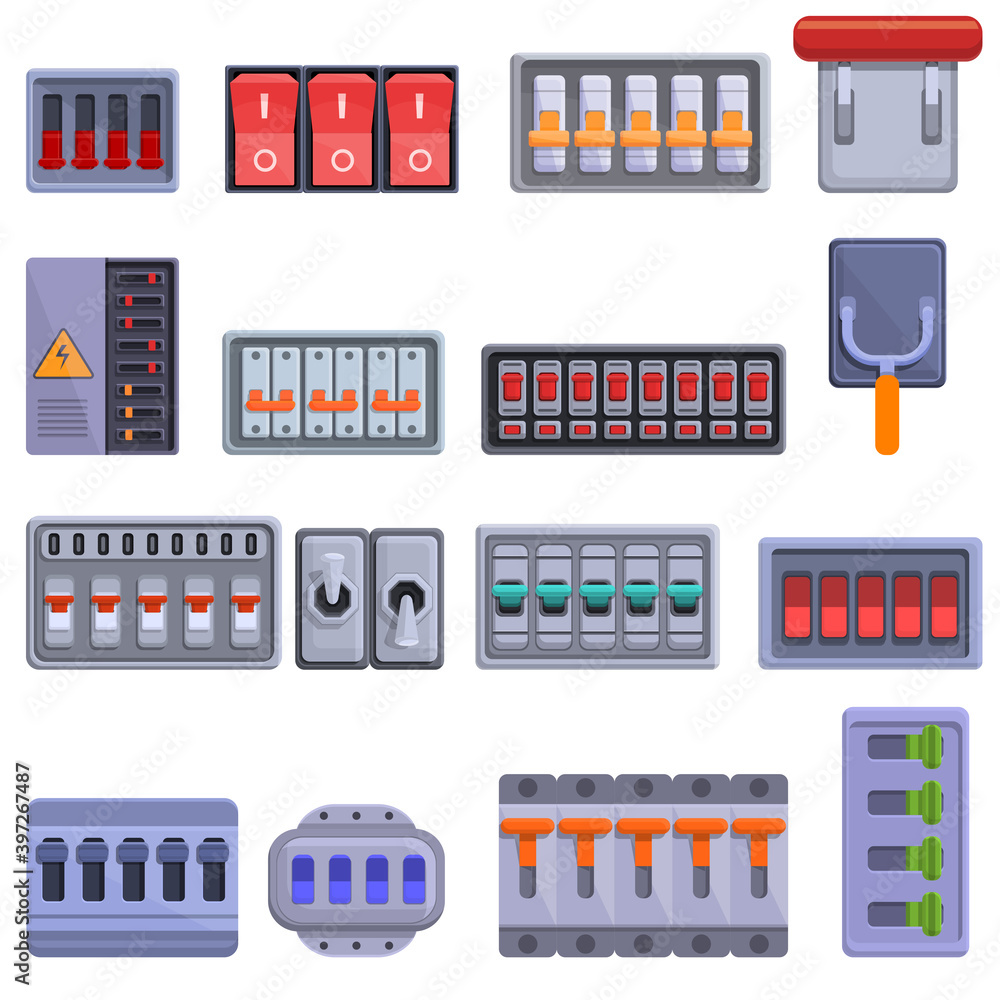 Poster breaker switch icons set. cartoon set of breaker switch vector icons for web design